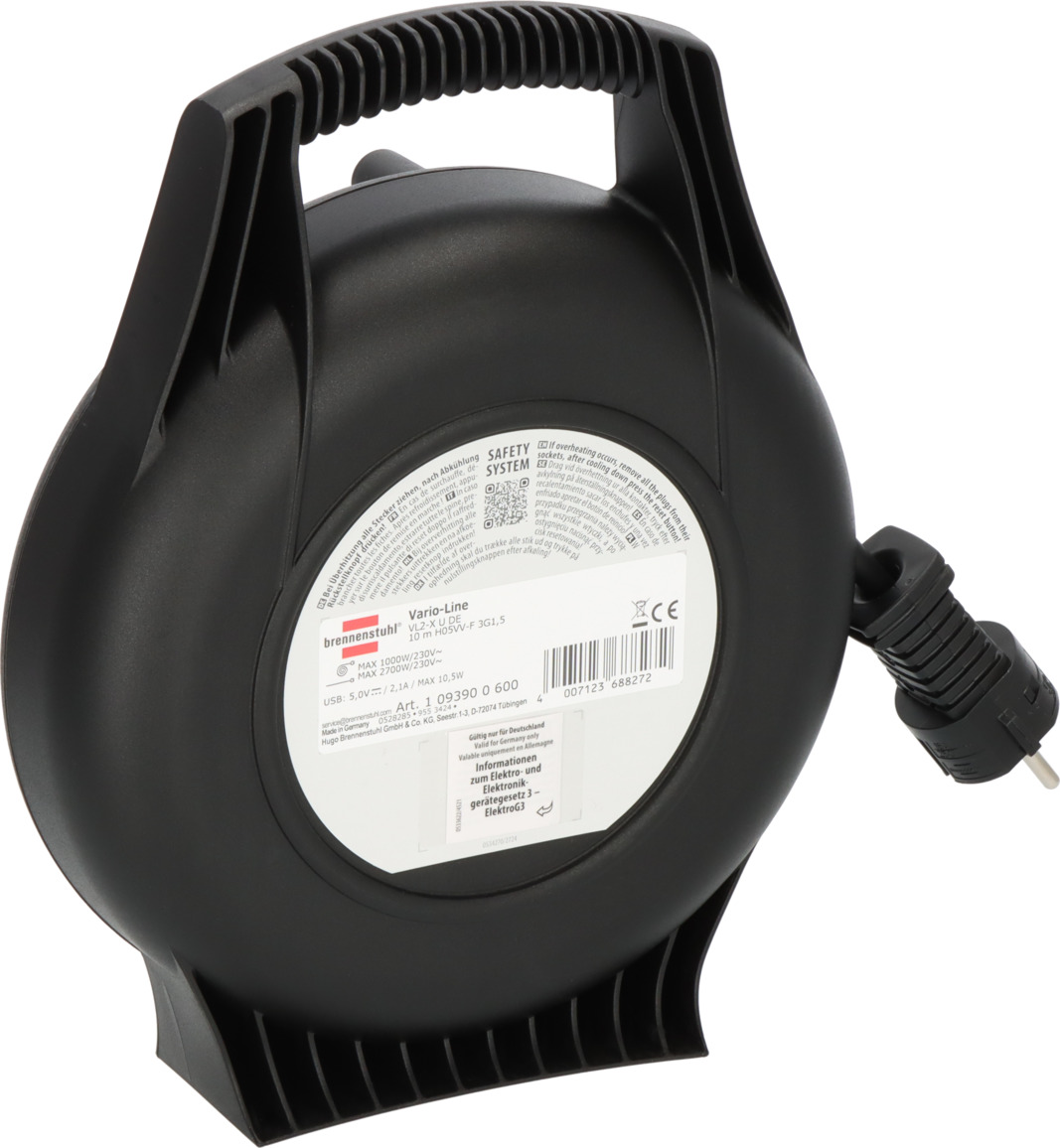 Vario Line Kabelbox VL2-X 3-fach mit USB-Ladefunktion schwarz 10m H05VV-F 3G1,5