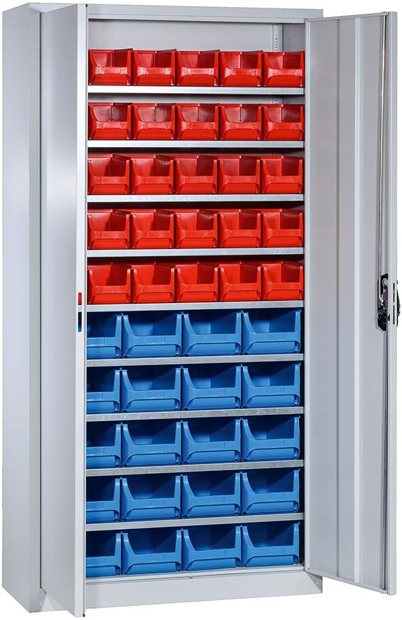 C+P Magazinschrank Serie 13 B1000xT420xH1980mm 9 Einlegeböden 50 Sichtlagerkästen RAL7035