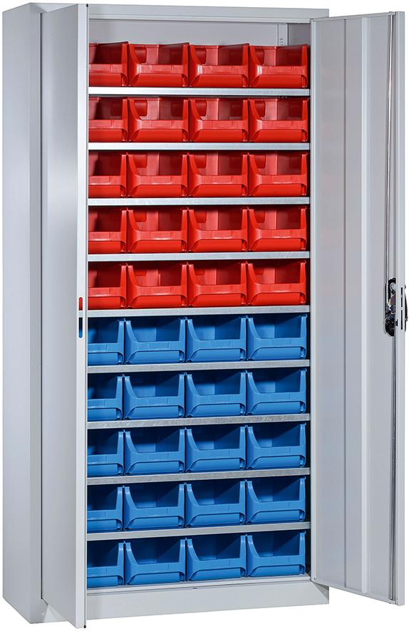 C+P Magazinschrank Serie 13 B1000xT420xH1980mm 9 Einlegeböden 40 Sichtlagerkästen RAL7035