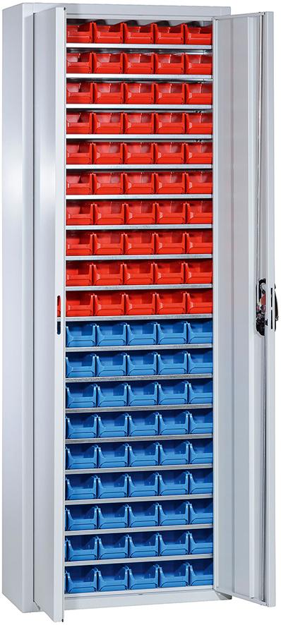 C+P Magazinschrank Serie 13 B700xT300xH1980mm 18 verzinkte Böden 114 Kästen RAL7035