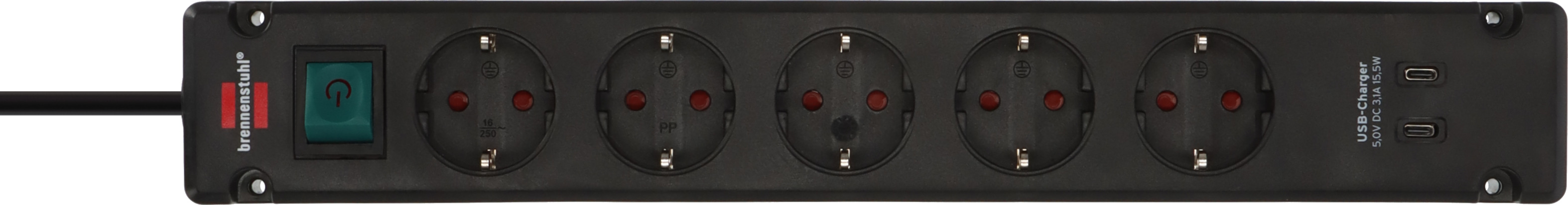 Bremounta Steckdosenleiste mit 2 USB C-Ladebuchsen 5-fach schwarz 3m H05VV-F3G1,5