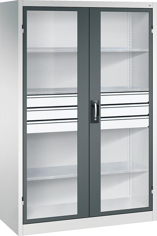 C+P Flügeltürenschrank A-curado mit Sichtfenster 4Fachböden B1200xT500xH19-50mm RAL7035/7016