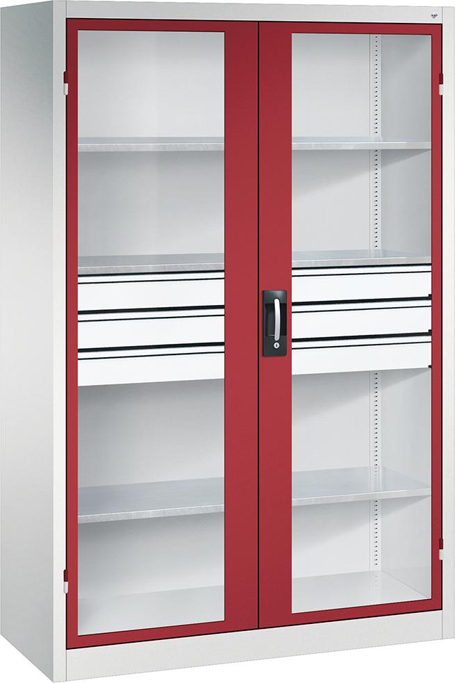 C+P Flügeltürenschrank A-curado mit Sichtfenster 4Fachböden B1200xT500xH19-50mm RAL7035/5012