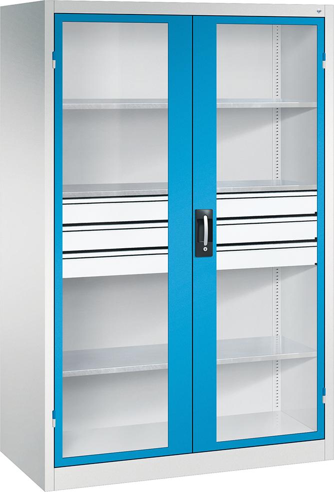 C+P Flügeltürenschrank A-curado mit Sichtfenster 4Fachböden B1200xT600xH19-50mm RAL7016/7016