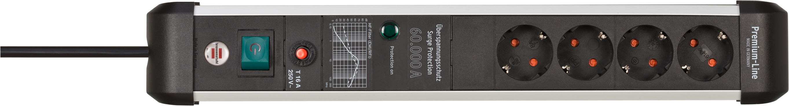 Premium-Protect-Line 60.000A Überspannungsschutz-Steckdosenleiste 4-fach 3m H05VV-F 3G1,5