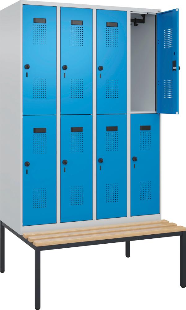 C+P Doppelst. Spind EvoloPLUS mit untergeb. Sitzb.B1200xT500xH2120mm 4x2 Abt. RAL7035/5012