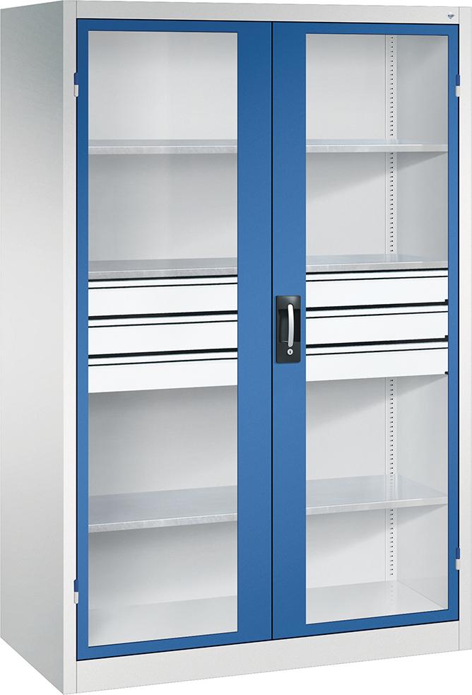 C+P Flügeltürenschrank A-curado mit Sichtfenster 4Fachböden B1200xT600xH19-50mm RAL7035/5023