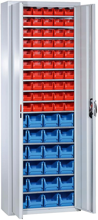 C+P Magazinschrank Serie 13 B700xT300xH1980mm 15 Einlegeböden 84 Sichtlagerkästen RAL7035