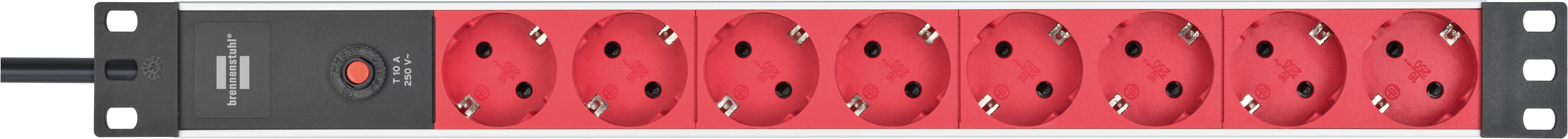 Alu-Line 19" Steckdosenleiste für Schaltschränke mit 10A Sicherungsautomat und Kaltgerätestecker IEC C14 8-fach silber/rot 2m H05VV-F 3G1,0