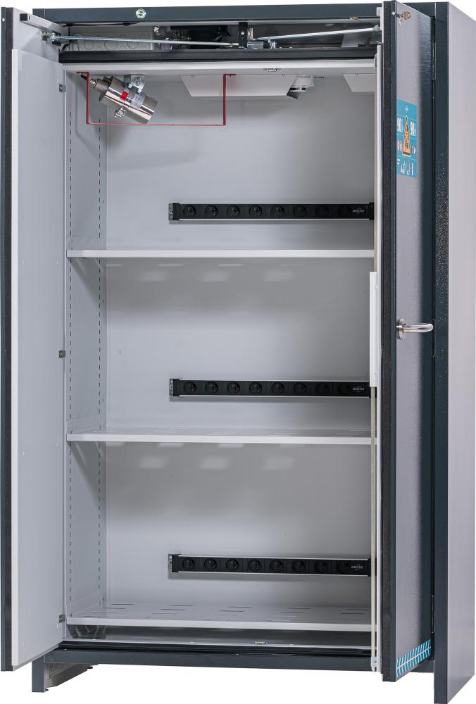 ASECOS Sich.Schr. ION-UL-TRA-90 B1193xT650xH1953mm3 Steckdosenl./1 Auffang-w. RAL7016
