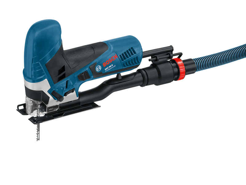 Stichsäge GST 90 E von Bosch mit Staubabsaugvorrichtung. Produktbild dynamisch
