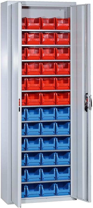C+P Magazinschrank Serie 13 B700xT300xH1980mm 11 Einlegeböden 48 Sichtlagerkästen RAL7035
