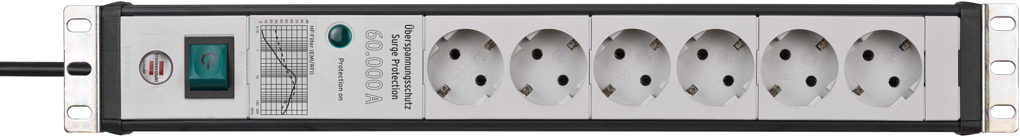 Premium-Line 60.000A Überspannungsschutz-Steckdosenleiste 6-fach schwarz/lichtgrau 3m H05VV-F 3G1,5 19" Format