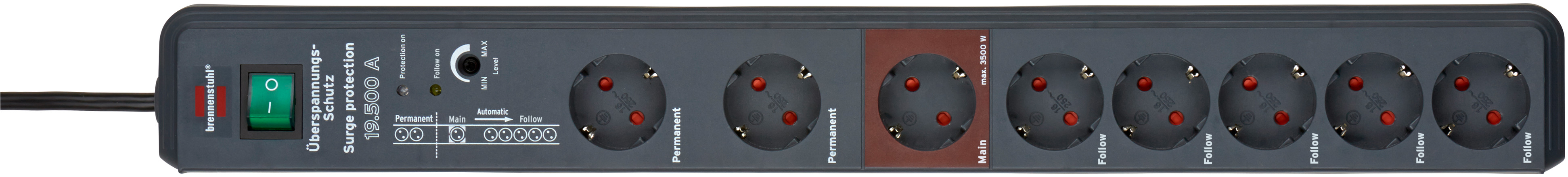 Secure-Tec 19.500A Überspannungsschutz-Automatiksteckdosenleiste 8-fach anthrazit 3m H05VV-F 3G1,5 1xMain 5xFollow 2xPermanent